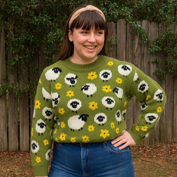Zara Sheep Sweater Women Small Olive Green Floral Crew Neck Pullover Knit Preppy - Picture 1 of 8